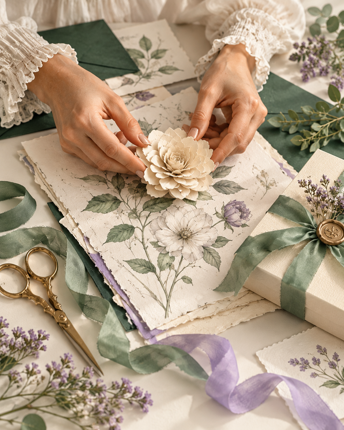 Mãos criando uma flor de papel sobre uma mesa de trabalho